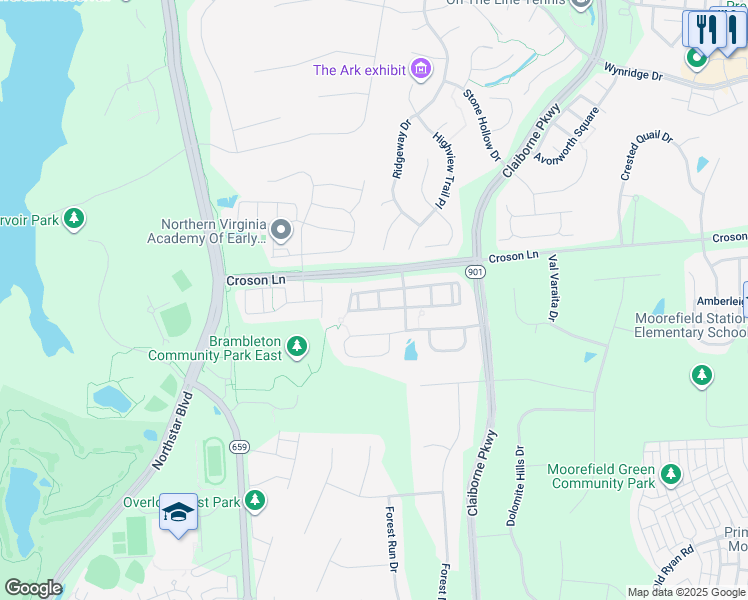 map of restaurants, bars, coffee shops, grocery stores, and more near 22277 Rampsbeck Terrace in Ashburn