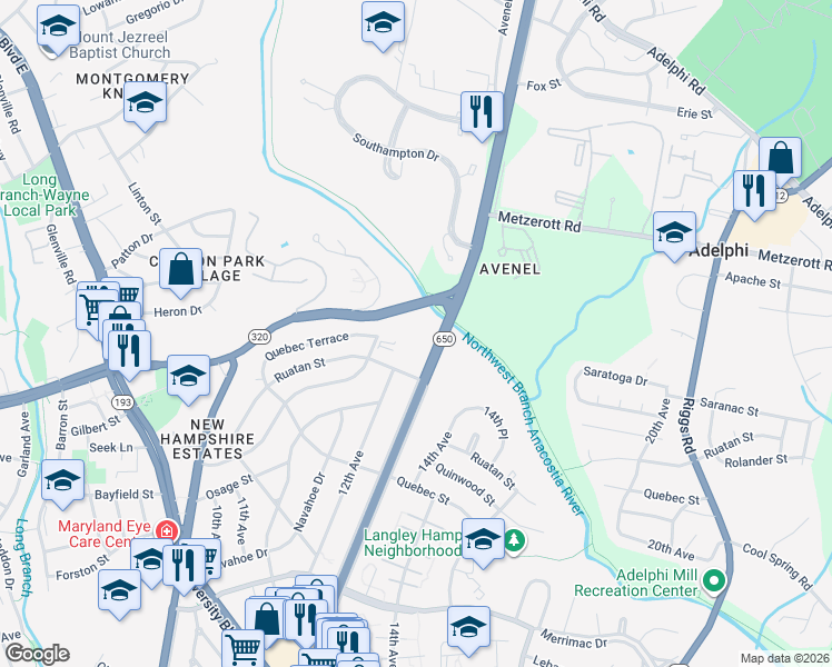 map of restaurants, bars, coffee shops, grocery stores, and more near 8500 New Hampshire Avenue Northeast in Silver Spring