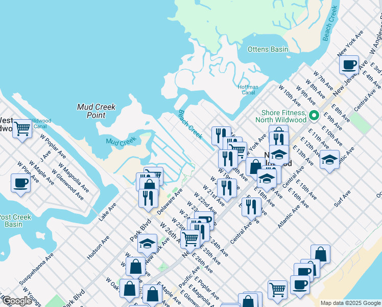 map of restaurants, bars, coffee shops, grocery stores, and more near 305 West 20th Avenue in North Wildwood