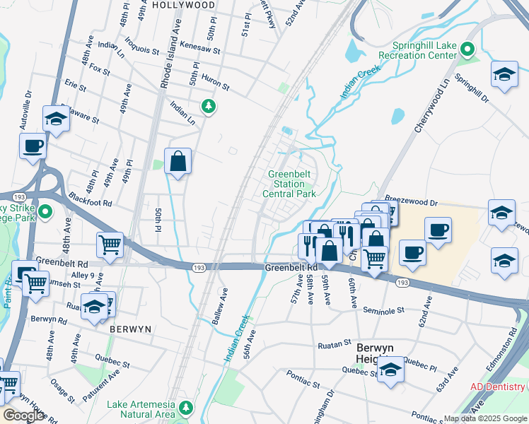 map of restaurants, bars, coffee shops, grocery stores, and more near 5200 Stream Bank Lane in Greenbelt
