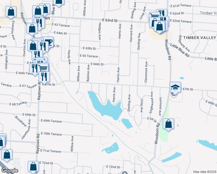 map of restaurants, bars, coffee shops, grocery stores, and more near 6711 Appleton Avenue in Raytown