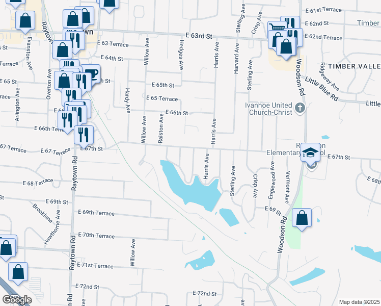 map of restaurants, bars, coffee shops, grocery stores, and more near 6702 Appleton Avenue in Raytown