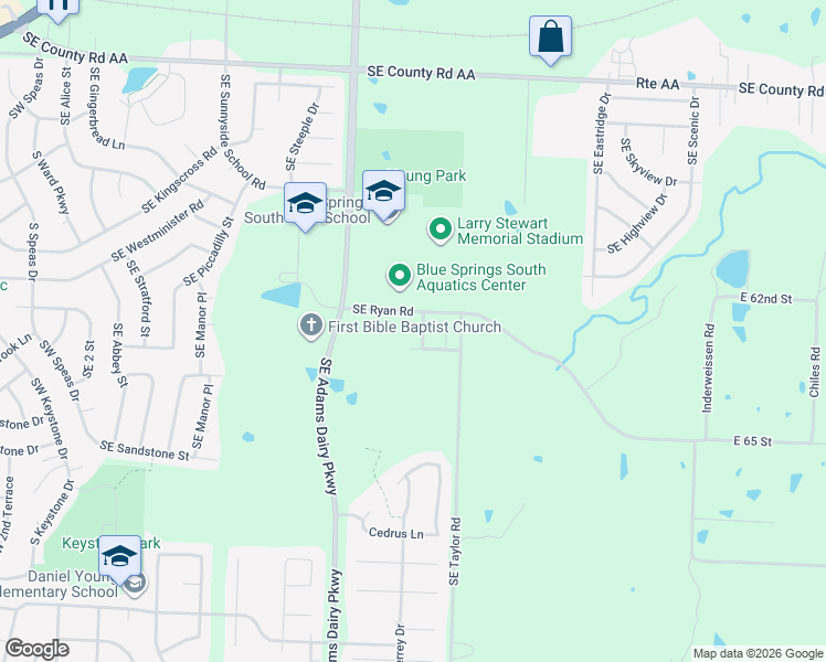 map of restaurants, bars, coffee shops, grocery stores, and more near 800 Southeast Drew Court in Blue Springs