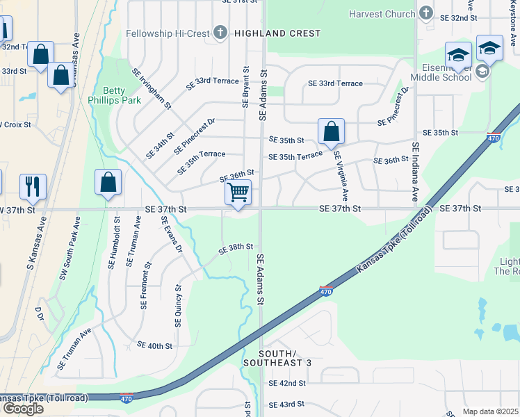 map of restaurants, bars, coffee shops, grocery stores, and more near SE Adams St & SE 37th St in Topeka