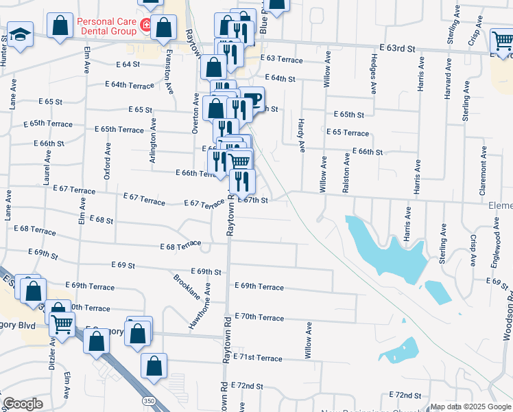 map of restaurants, bars, coffee shops, grocery stores, and more near 10101 East 67th Street in Raytown