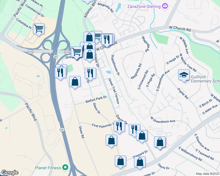 map of restaurants, bars, coffee shops, grocery stores, and more near 45490 Lost Trail Terrace in Sterling