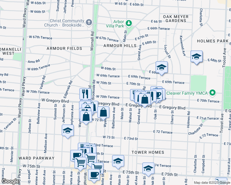 map of restaurants, bars, coffee shops, grocery stores, and more near 19 West 70th Terrace in Kansas City