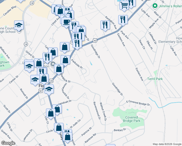 map of restaurants, bars, coffee shops, grocery stores, and more near 200 Langshire Court in Florence