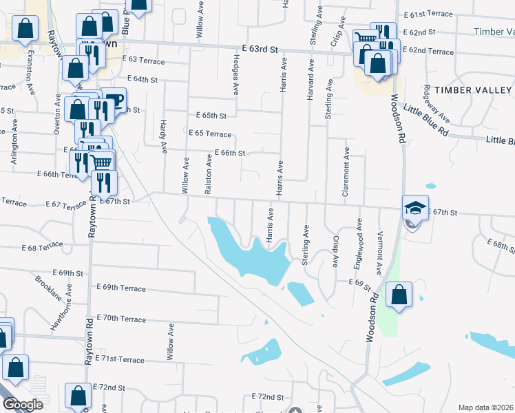 map of restaurants, bars, coffee shops, grocery stores, and more near 6711 Appleton Avenue in Raytown