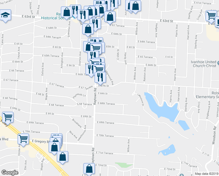 map of restaurants, bars, coffee shops, grocery stores, and more near 10205 East 68th Street in Raytown