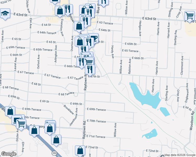 map of restaurants, bars, coffee shops, grocery stores, and more near 10205 East 68th Street in Raytown