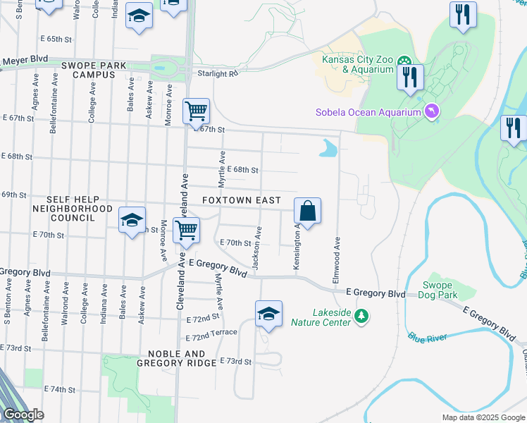 map of restaurants, bars, coffee shops, grocery stores, and more near 6926 Spruce Avenue in Kansas City