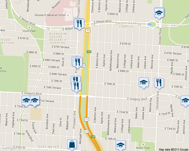 map of restaurants, bars, coffee shops, grocery stores, and more near 6943 Chestnut Avenue in Kansas City