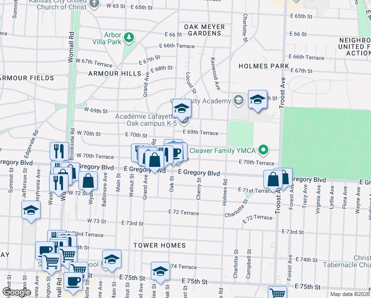 map of restaurants, bars, coffee shops, grocery stores, and more near 405 East 70th Terrace in Kansas City