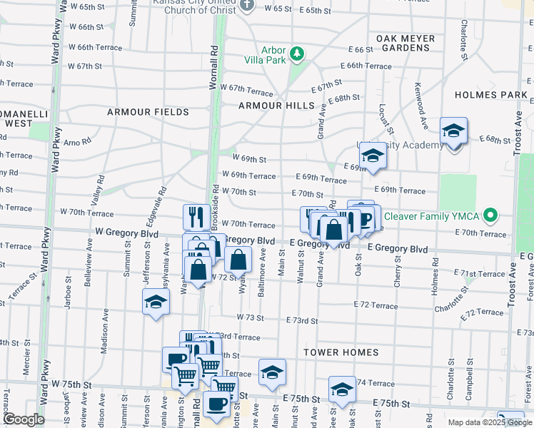 map of restaurants, bars, coffee shops, grocery stores, and more near 19 West 70th Terrace in Kansas City