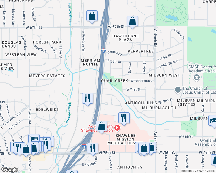 map of restaurants, bars, coffee shops, grocery stores, and more near 7200 Eby Drive in Overland Park