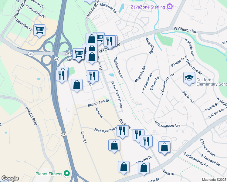 map of restaurants, bars, coffee shops, grocery stores, and more near 45490 Lost Trail Terrace in Sterling