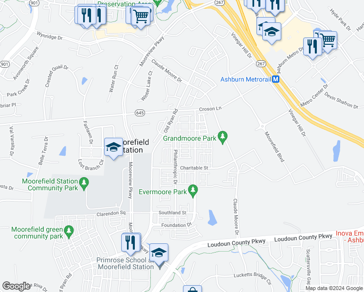 map of restaurants, bars, coffee shops, grocery stores, and more near 43430 Apple Orchard Square in Ashburn