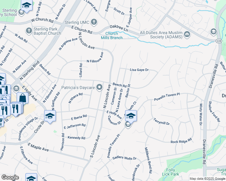 map of restaurants, bars, coffee shops, grocery stores, and more near 119 North Cameron Street in Sterling