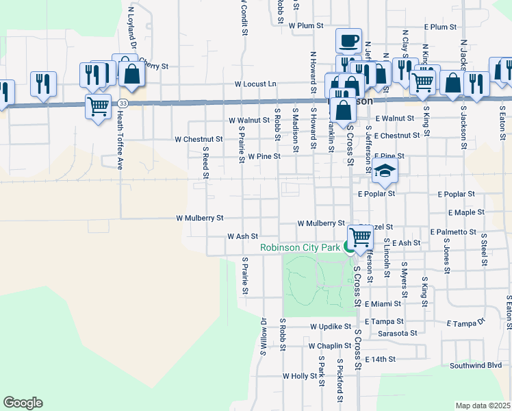 map of restaurants, bars, coffee shops, grocery stores, and more near 601-699 West Mulberry Street in Robinson