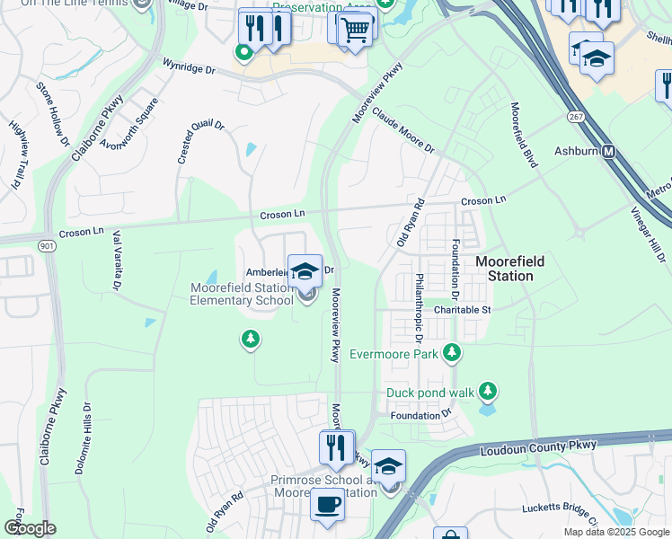 map of restaurants, bars, coffee shops, grocery stores, and more near in Moorefield Station