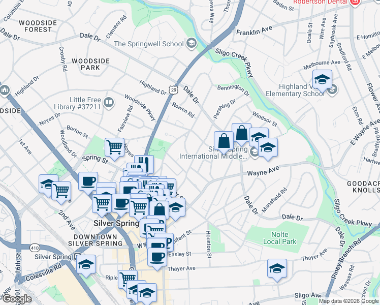 map of restaurants, bars, coffee shops, grocery stores, and more near 8601 Mayfair Place in Silver Spring