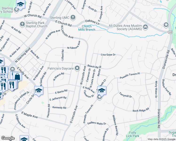 map of restaurants, bars, coffee shops, grocery stores, and more near 119 North Cameron Street in Sterling