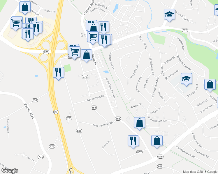 map of restaurants, bars, coffee shops, grocery stores, and more near 45498 Lost Trail Terrace in Sterling