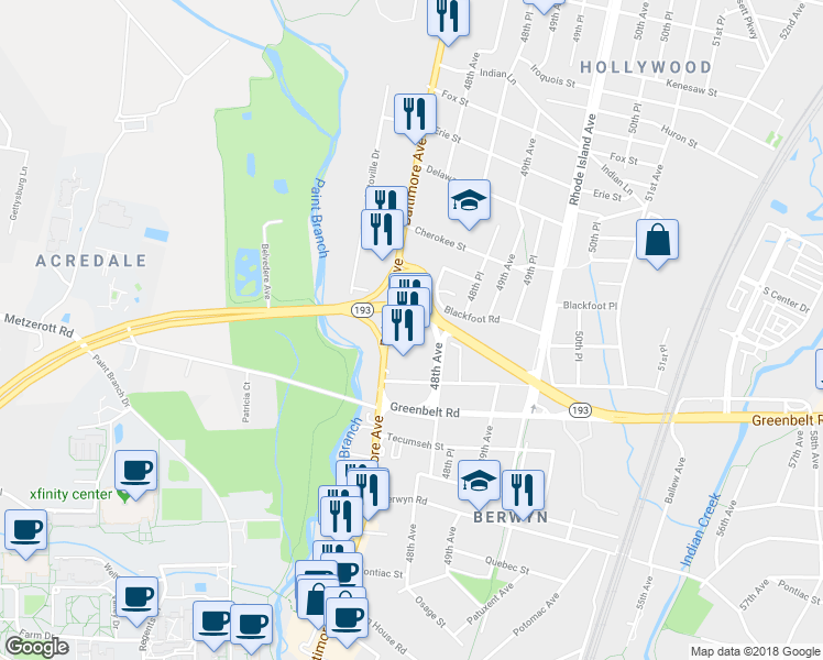 map of restaurants, bars, coffee shops, grocery stores, and more near 9031 Baltimore Avenue in College Park