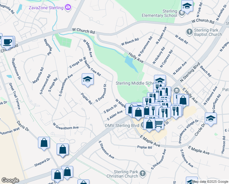 map of restaurants, bars, coffee shops, grocery stores, and more near 406 West Maple Avenue in Sterling