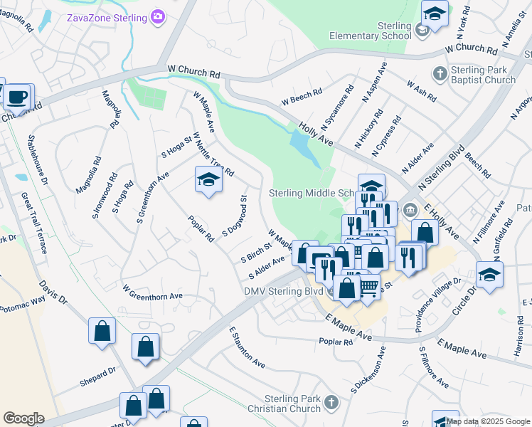 map of restaurants, bars, coffee shops, grocery stores, and more near 406 West Maple Avenue in Sterling