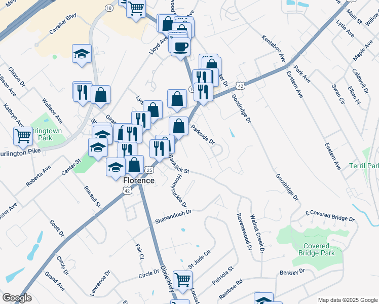 map of restaurants, bars, coffee shops, grocery stores, and more near 6843 Dixie Highway in Florence