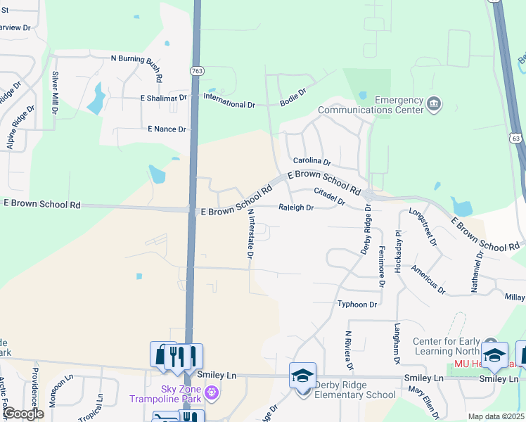 map of restaurants, bars, coffee shops, grocery stores, and more near 1312 East Brown School Road in Columbia