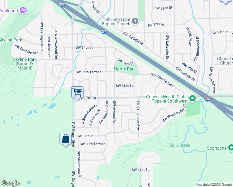 map of restaurants, bars, coffee shops, grocery stores, and more near 3715 Southwest 36th Street in Topeka