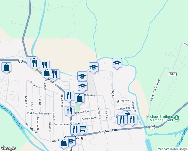 map of restaurants, bars, coffee shops, grocery stores, and more near 401 Pierpont St in Petersburg