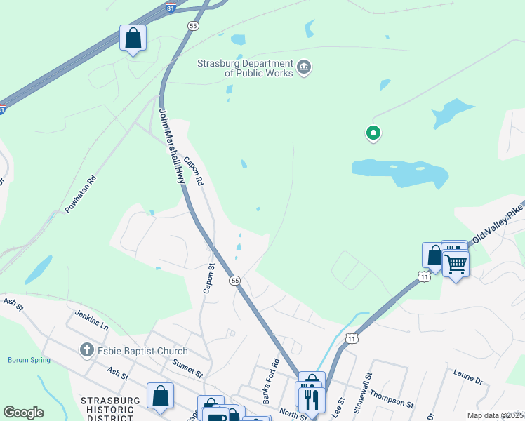 map of restaurants, bars, coffee shops, grocery stores, and more near 935 Colley Block Road in Strasburg