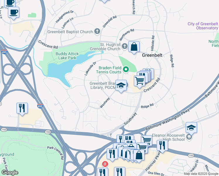 map of restaurants, bars, coffee shops, grocery stores, and more near 2 Westway in Greenbelt