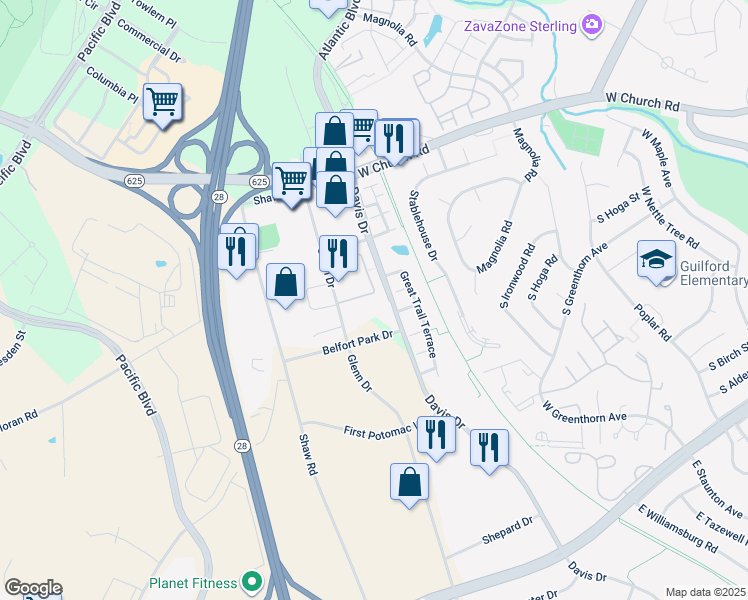 map of restaurants, bars, coffee shops, grocery stores, and more near 45418 Gable Square in Sterling