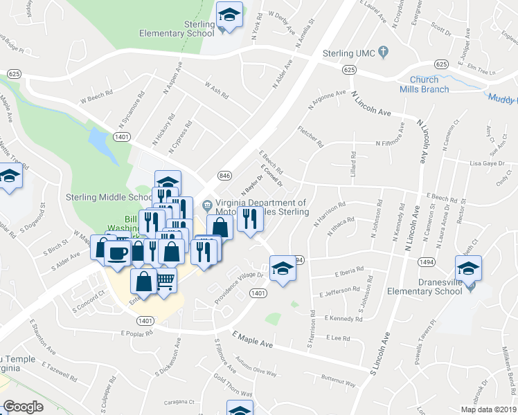 map of restaurants, bars, coffee shops, grocery stores, and more near 139 North Duke Drive in Sterling