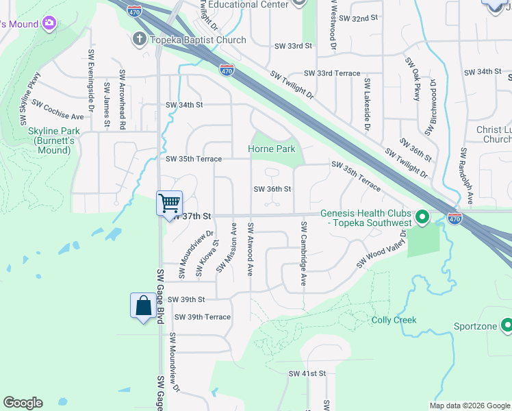 map of restaurants, bars, coffee shops, grocery stores, and more near 3715 Southwest 36th Street in Topeka