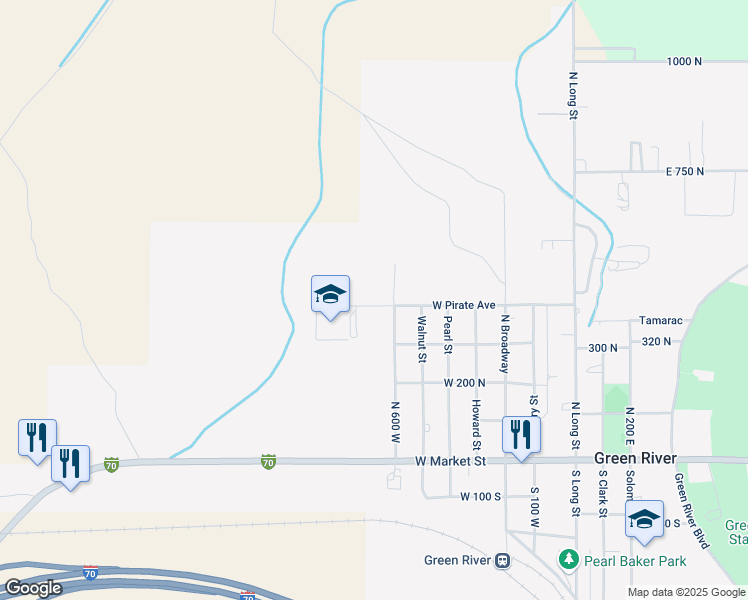map of restaurants, bars, coffee shops, grocery stores, and more near 670 West Pirate Avenue in Green River