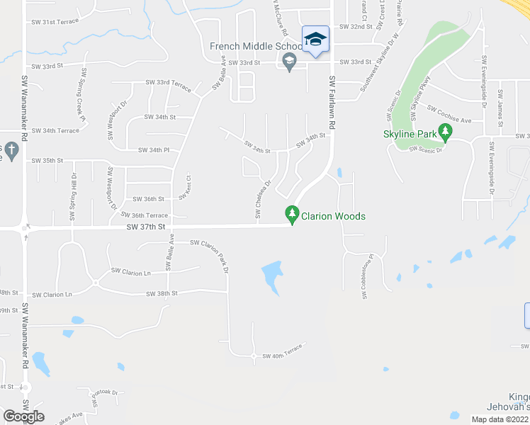 map of restaurants, bars, coffee shops, grocery stores, and more near 3630 Southwest Chelsea Drive in Topeka