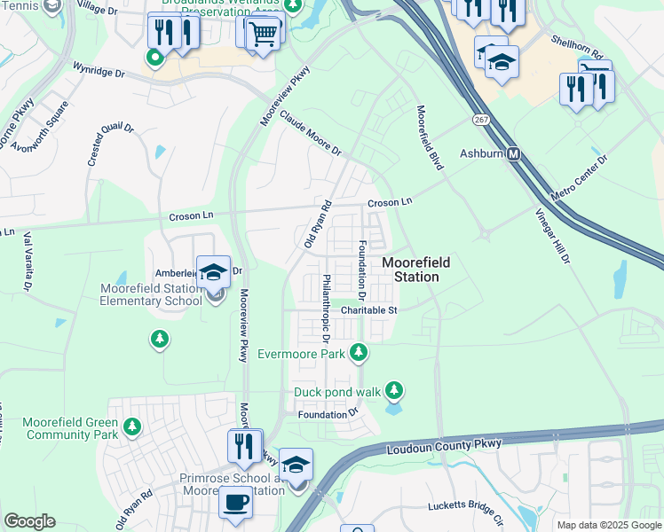 map of restaurants, bars, coffee shops, grocery stores, and more near 22266 Philanthropic Drive in Ashburn