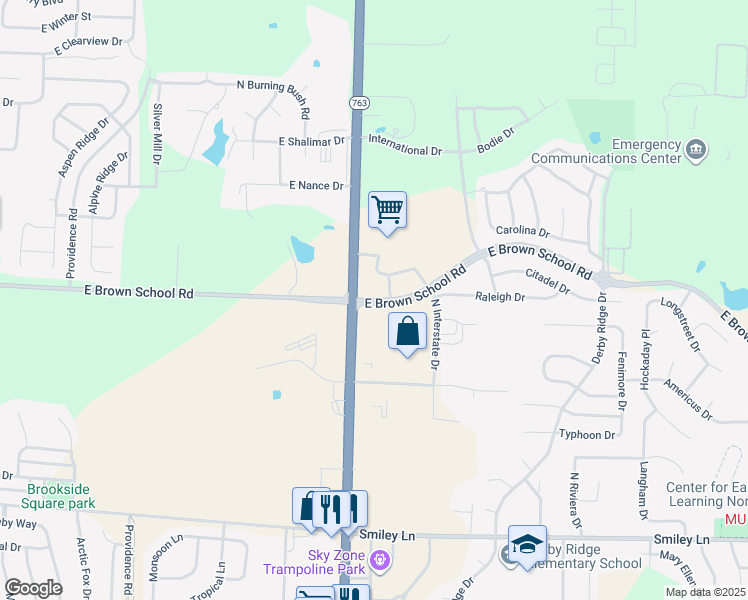 map of restaurants, bars, coffee shops, grocery stores, and more near East Brown School Road in Columbia
