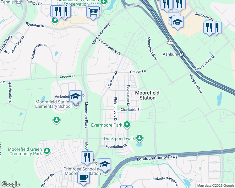 map of restaurants, bars, coffee shops, grocery stores, and more near 22266 Philanthropic Drive in Ashburn