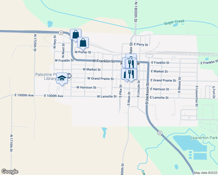 map of restaurants, bars, coffee shops, grocery stores, and more near 307 West Grand Prairie Street in Palestine