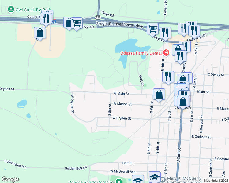 map of restaurants, bars, coffee shops, grocery stores, and more near 715 West Main Street in Odessa