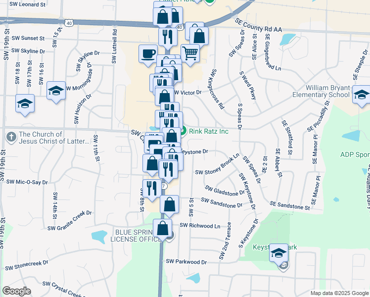 map of restaurants, bars, coffee shops, grocery stores, and more near 426 Southwest Joy Court in Blue Springs