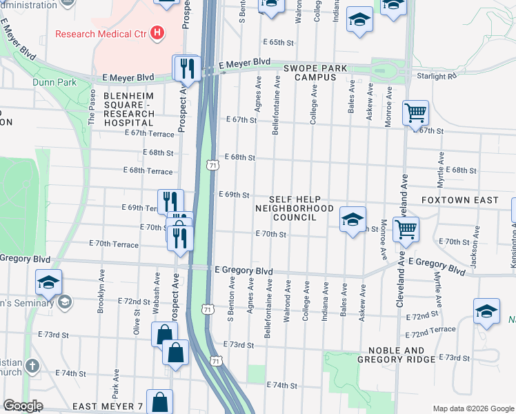 map of restaurants, bars, coffee shops, grocery stores, and more near 2916 East 69th Street in Kansas City
