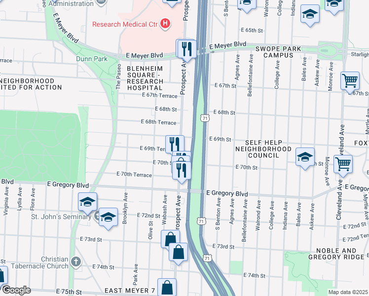 map of restaurants, bars, coffee shops, grocery stores, and more near 6900 Prospect Avenue in Kansas City